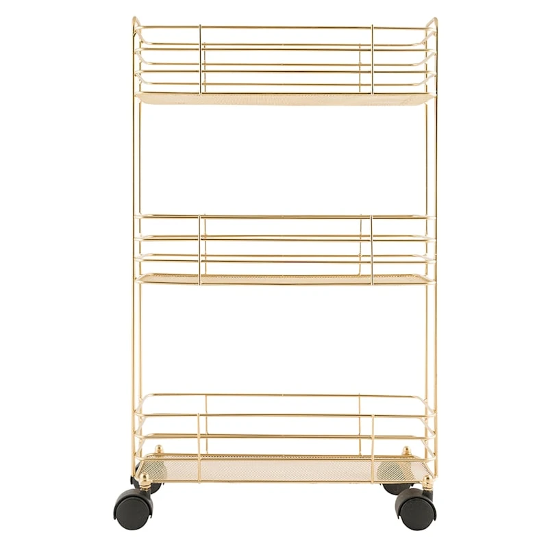 3-Tier Slim Gold Metal Mesh Rolling Cart