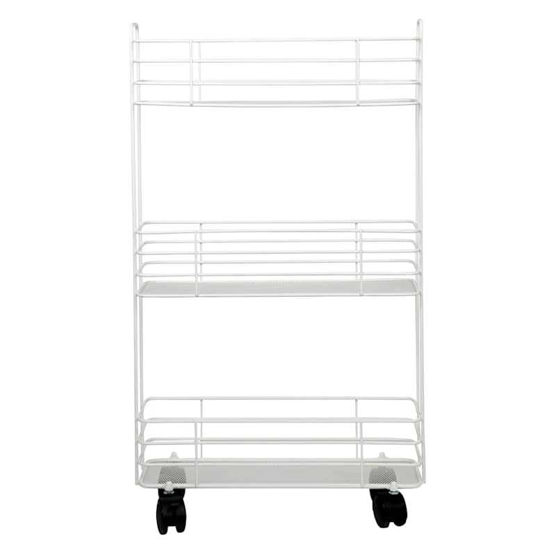 3-Tier Slim White Metal Mesh Rolling Cart