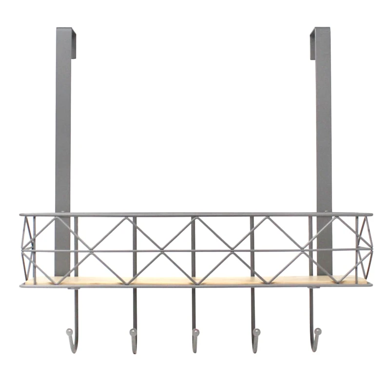 5-Hook Grey Bombay Diamond With Bamboo Wood Basket Over The Door Hanger