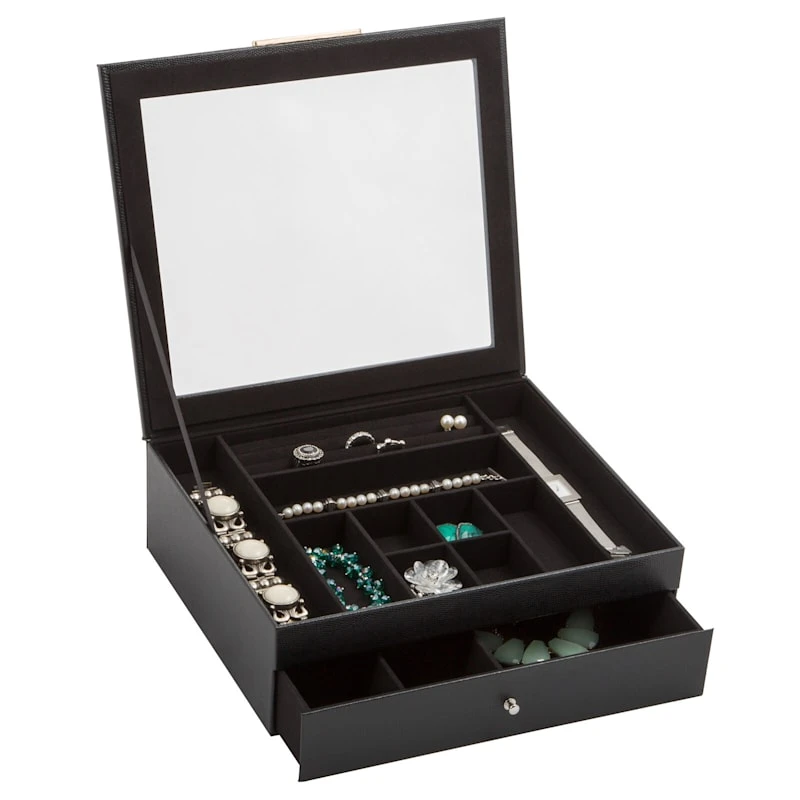 Black Jewelry Organizer With Clear Lid & Drawer