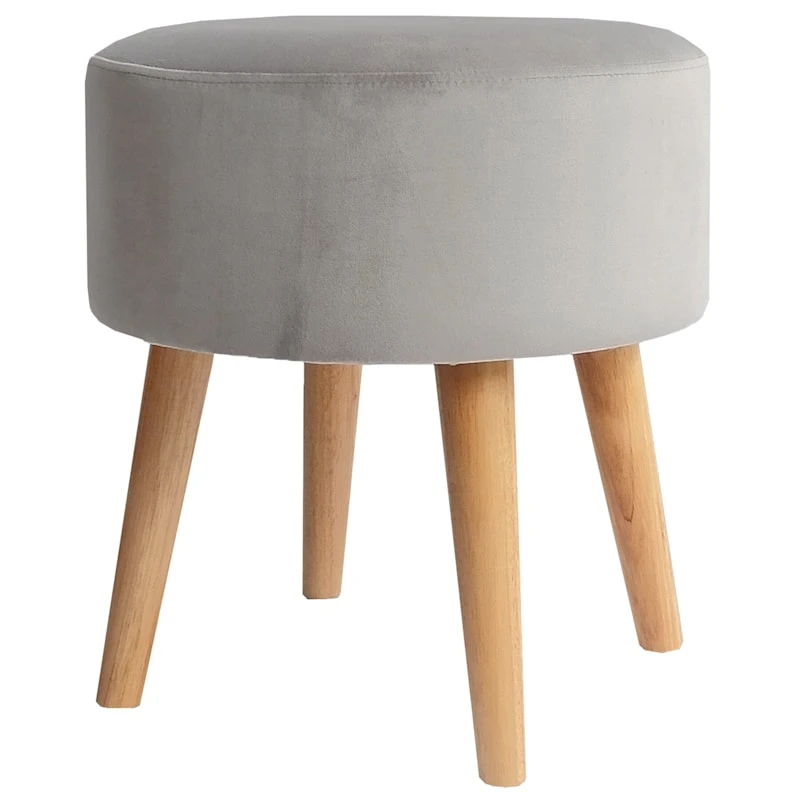 Emmy Grey Velvet Round Wood Leg Ottoman - Image 4
