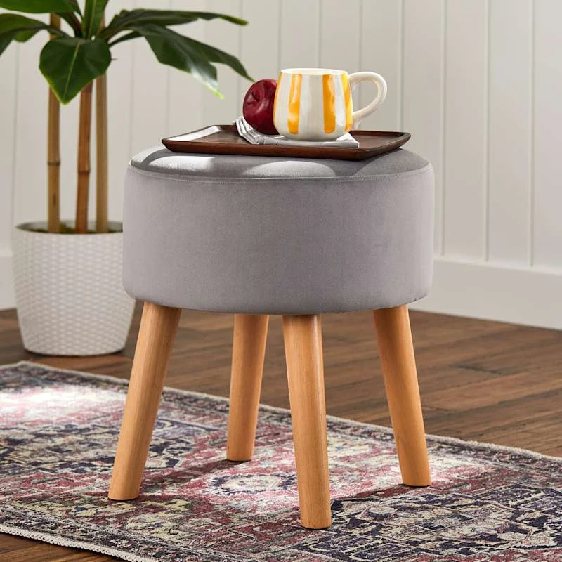 Emmy Grey Velvet Round Wood Leg Ottoman - Image 5