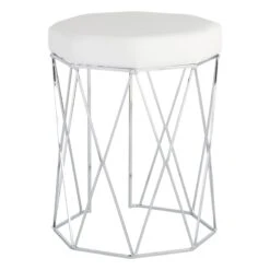 Prisma Chrome Wire Vanity Stool/Padded White Faux Leather Seat