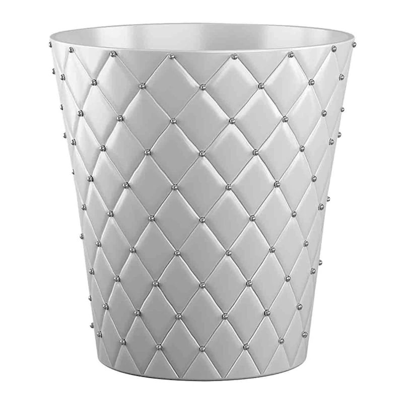 White Quilted Studded Wastebasket, 10.4"