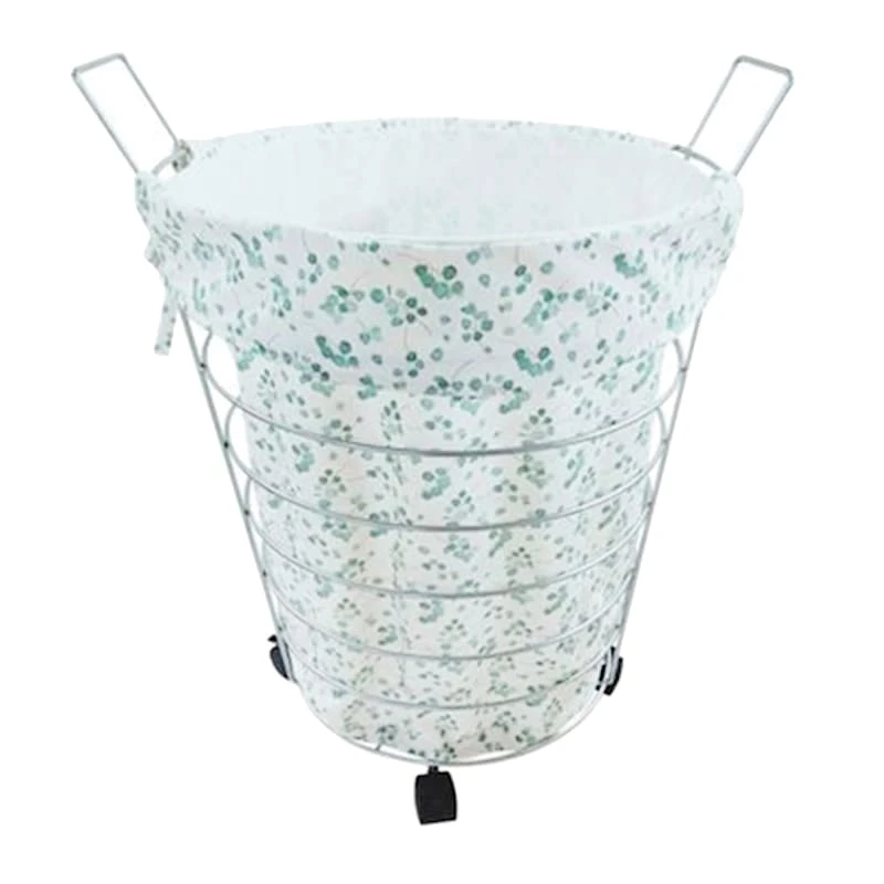 White Wire Laundry Hamper On Wheels With Removable Floral Print Liner